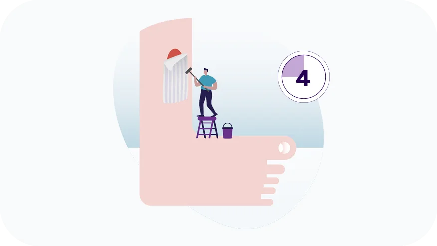 Grafik mit einem Mensch, der eine Wunde am Bein verbindet. Soll den 4. Schritt Wundverband veranschaulichen.