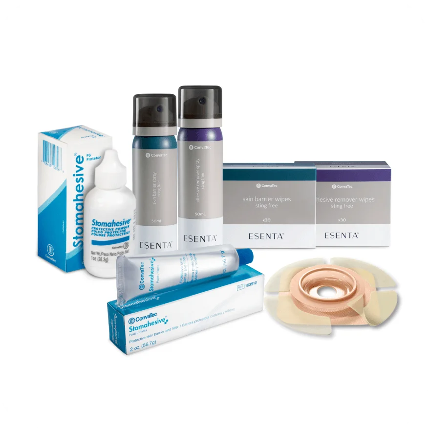 A group of a variety of Stomahesive and ESENTA™ products for ostomy care.