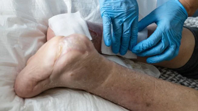 Zwei Hände in blauen Handschuhen legen Wundauflagen an einen amputierten Fuß an. 